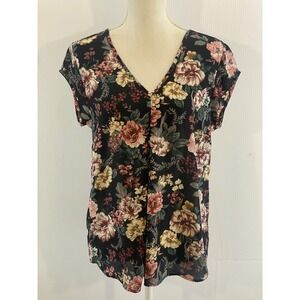 HALOGEN Floral V Neck Cap Sleeve Top Womens Medium Black Pink Green Casual